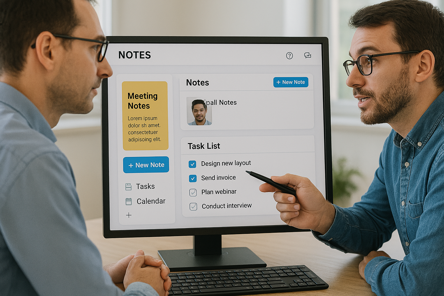 IT professional discussing the aspects of the custom designed Note taking and Task Management App with the client.